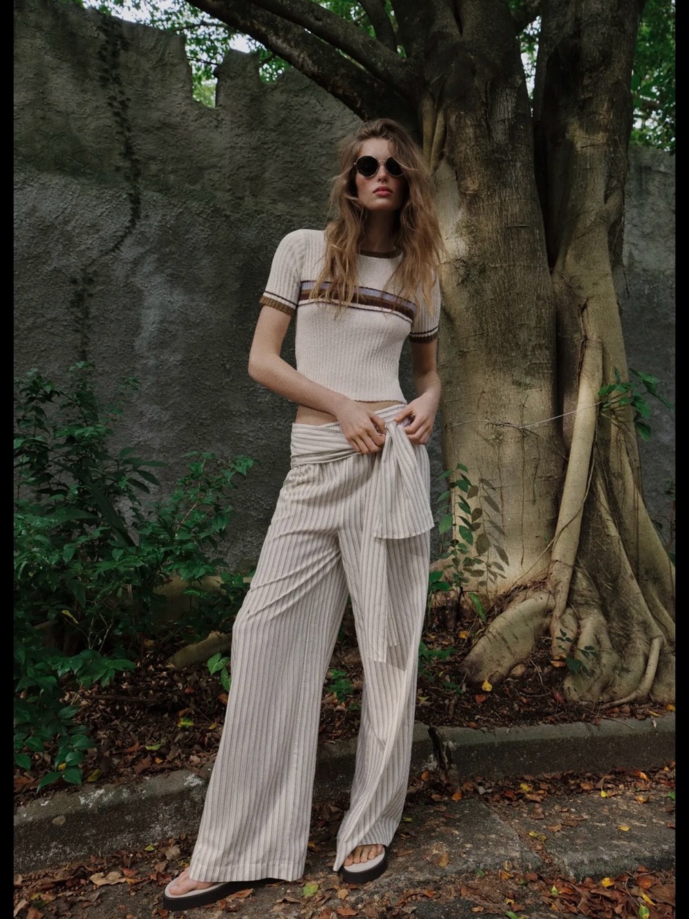 Zara Cream Striped Wide-Leg Pants with Tie Waist